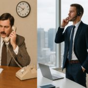 Business person using legacy phone system vs modern business person using microsoft teams calling