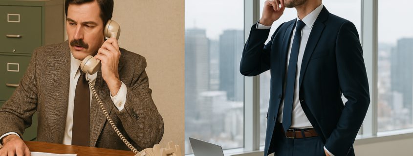 Business person using legacy phone system vs modern business person using microsoft teams calling